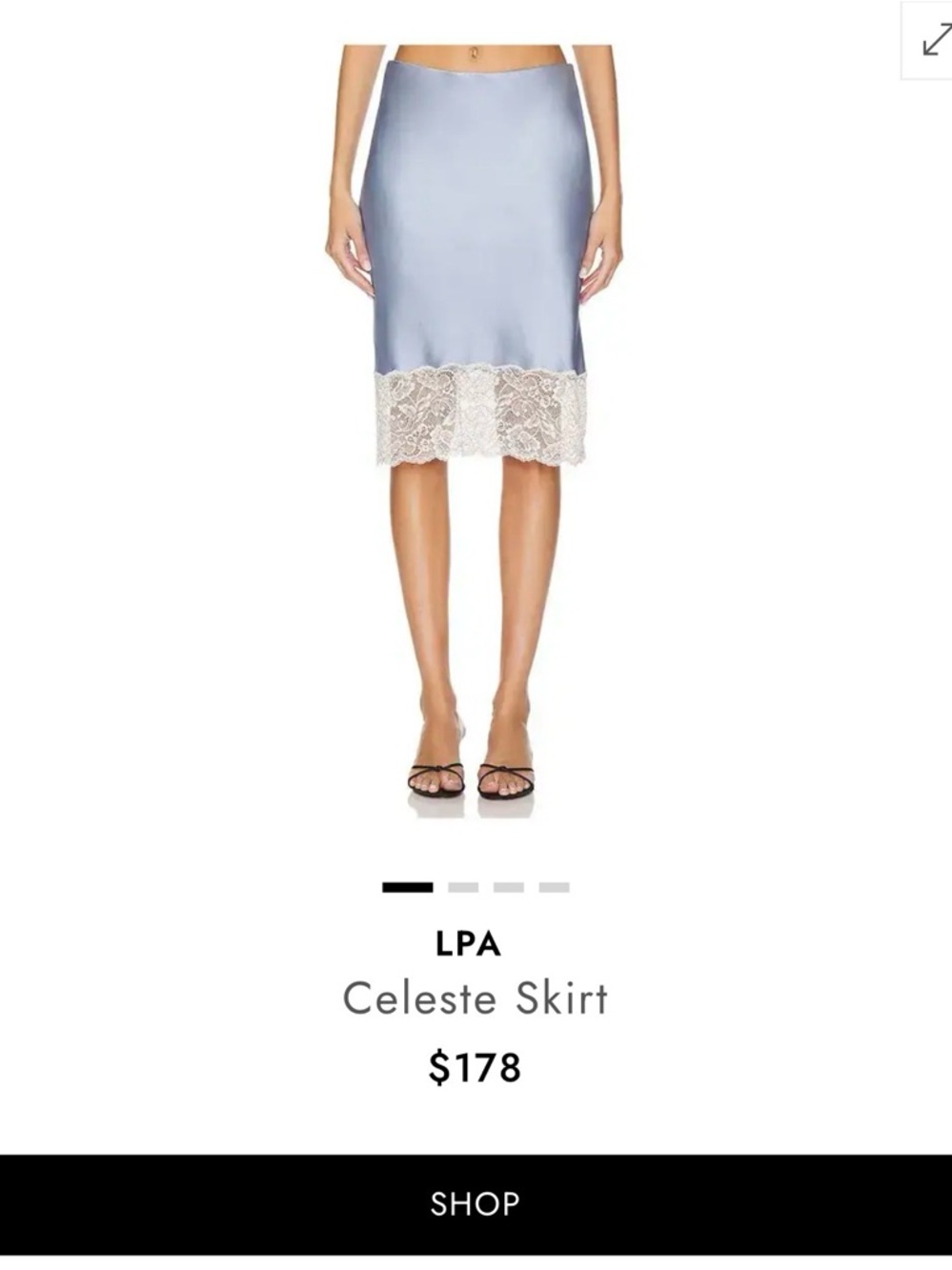 LPA Celeste Satin Midi Skirt in Powder Blue with Cream Lace Trim